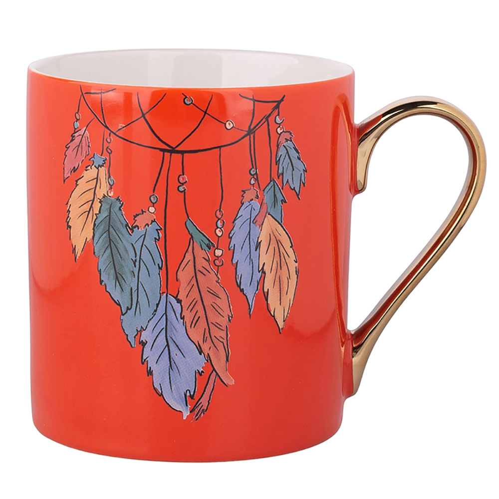 Exotic straight mug  with gold handle NBC 300 ml dec. Feathers orange