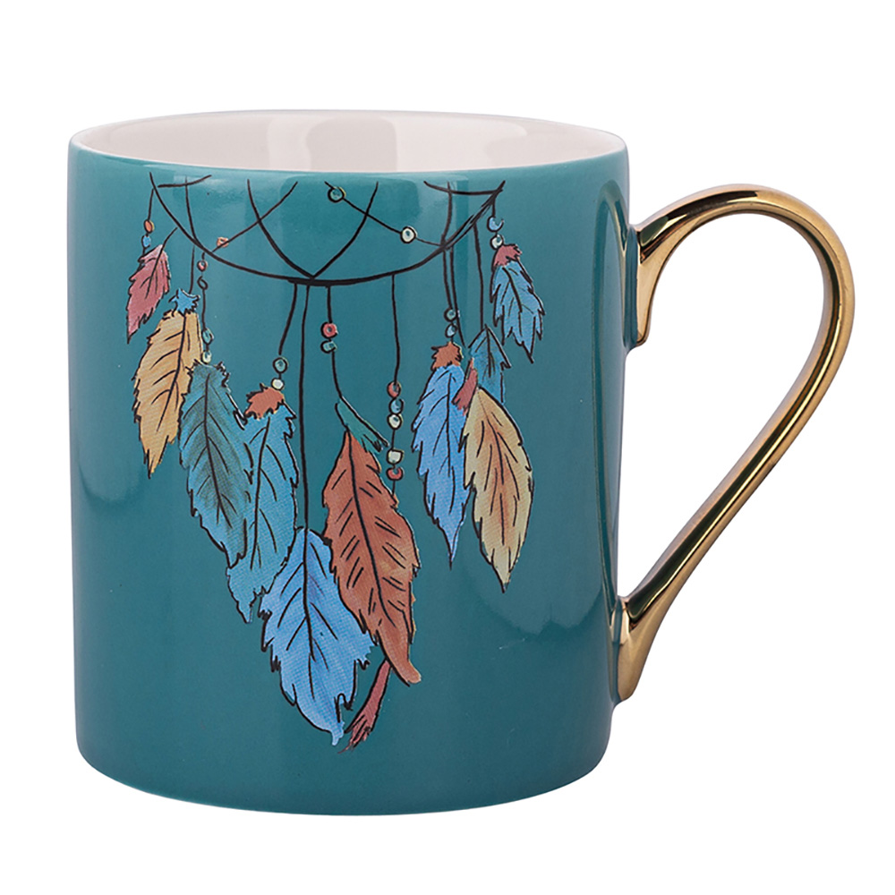 Exotic straight mug  with gold handle NBC 300 ml dec. Feathers blue