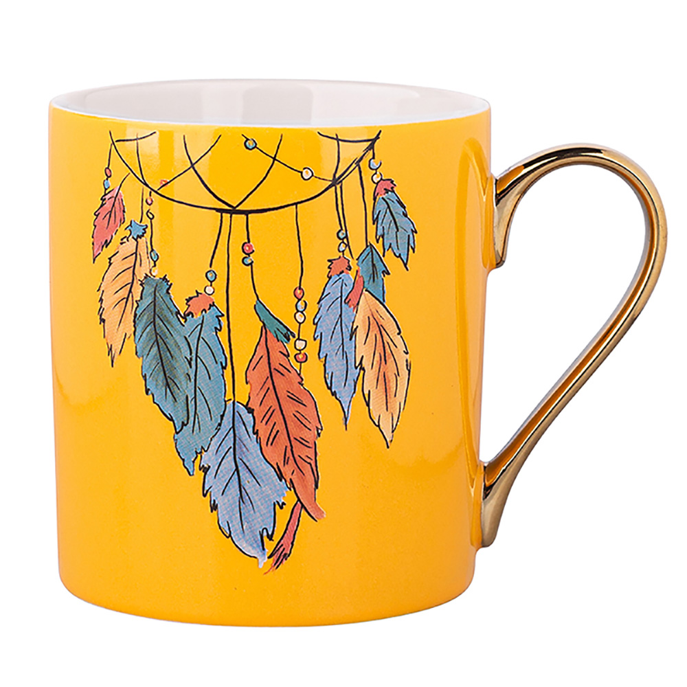 Exotic straight mug  with gold handle NBC 300 ml dec. Feathers yellow