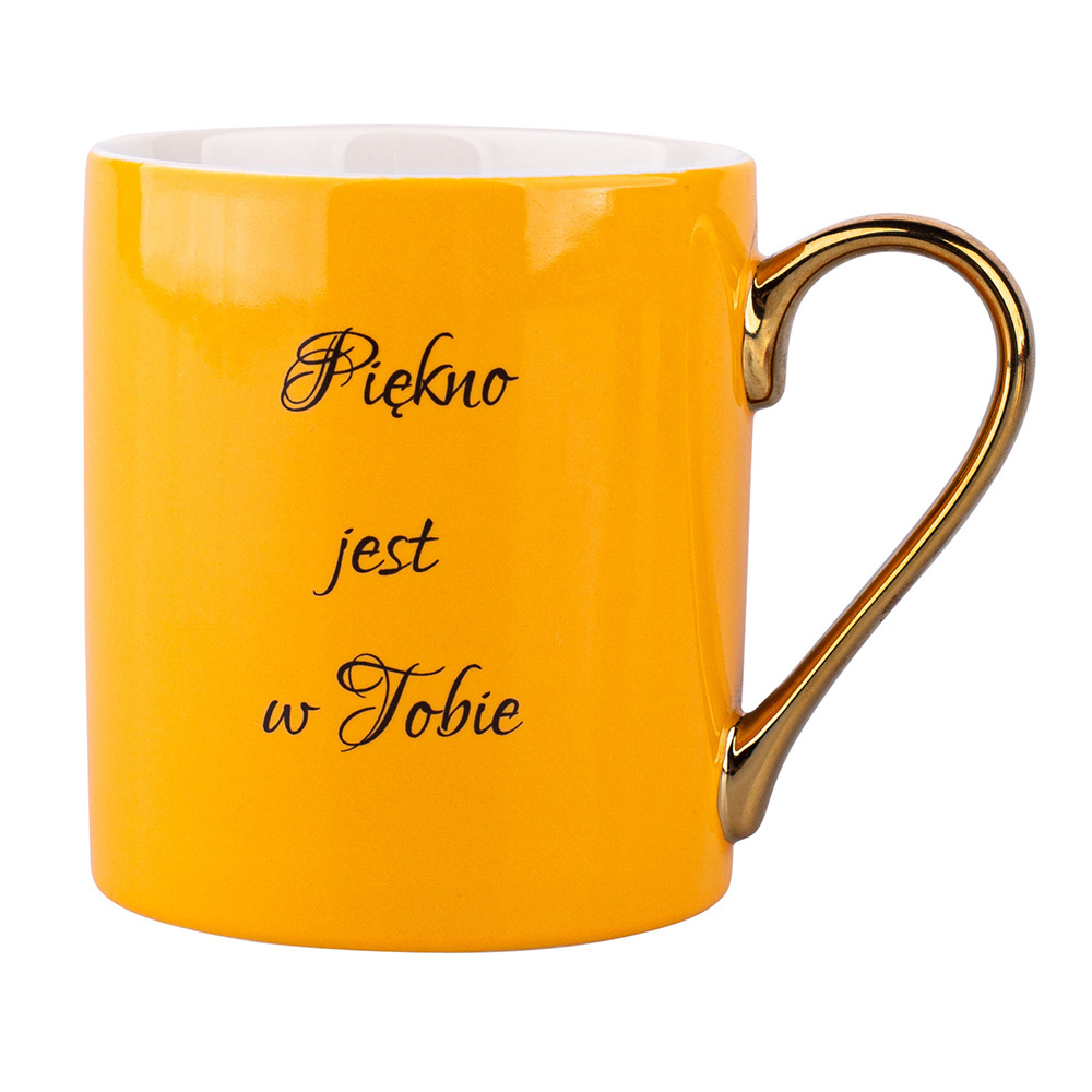 Straight mug with a quote and handle in gold color NBC 300 ml yellow dec. A