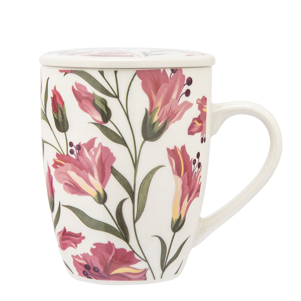 Mug NBC with lid and filter 340 ml in sleeve dec. Alstromeria