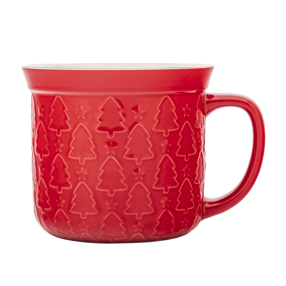 Big straight mug with rim and embossing NBC 640 ml dec. Red xmas trees