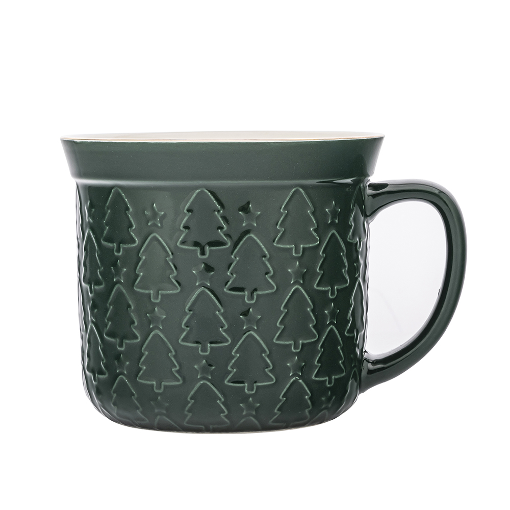 Big straight mug with rim and embossing NBC 640 ml dec. Green xmas trees