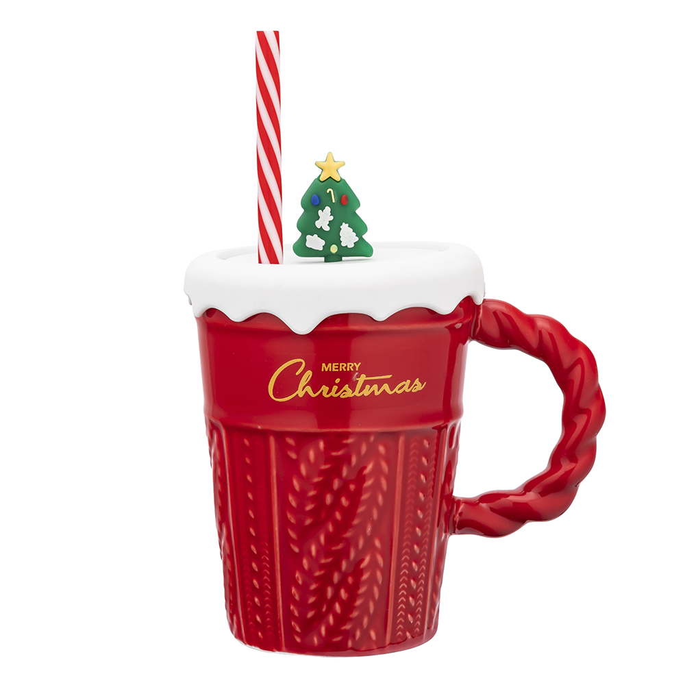 KUBEK STOŻEK XMAS SHAKE NBC 370 ML Z SILIKONOWĄ POKRYWKĄ I SŁOMKĄ KOL. CZERWONY COLOR BOX