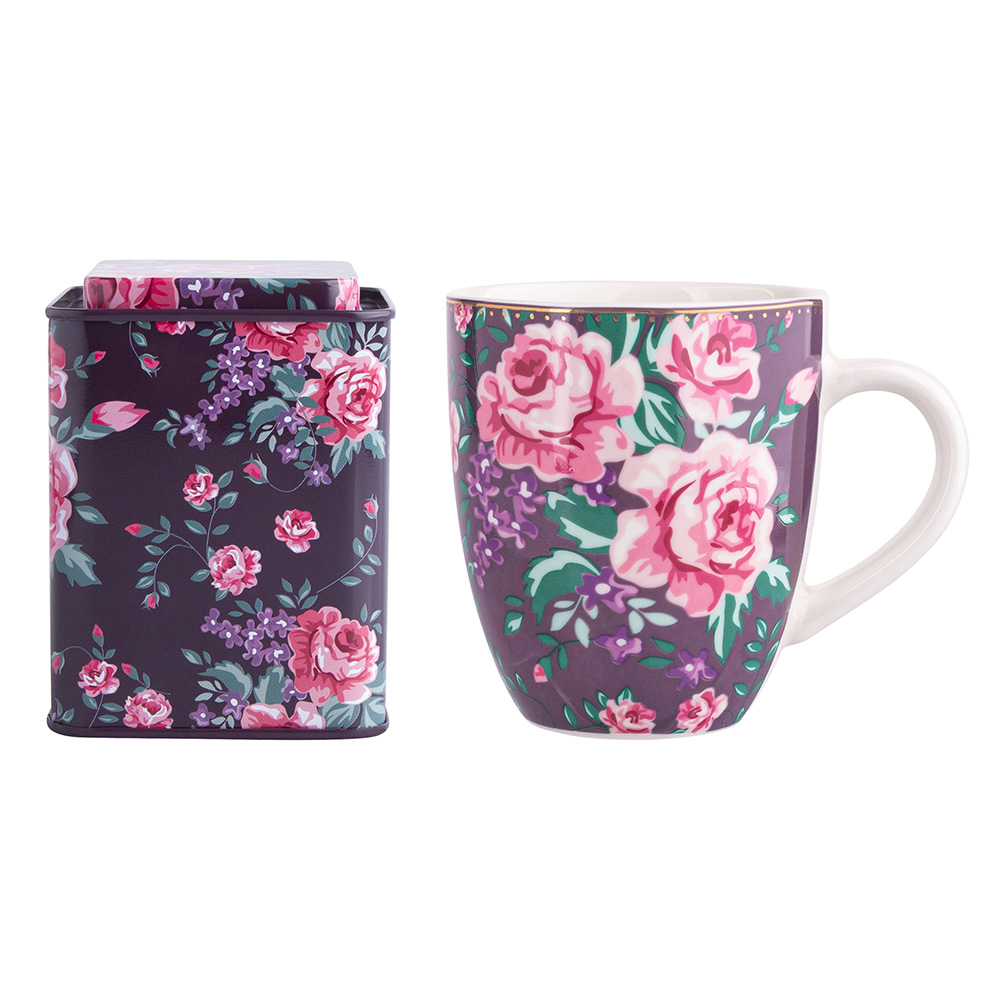 Charlotta gift set including barrel mug NBC 300 ml and square metal tin 8,5x8,5x9,5 cm purple