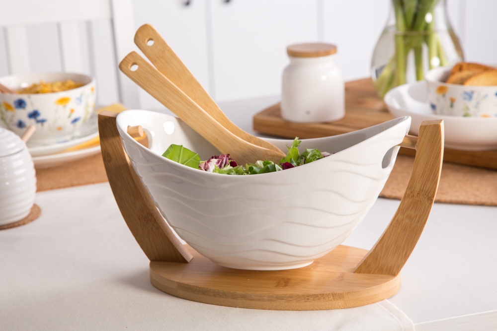 Regular oval salad bowl 32x15x16 cm NBC with bamboo base and spoons