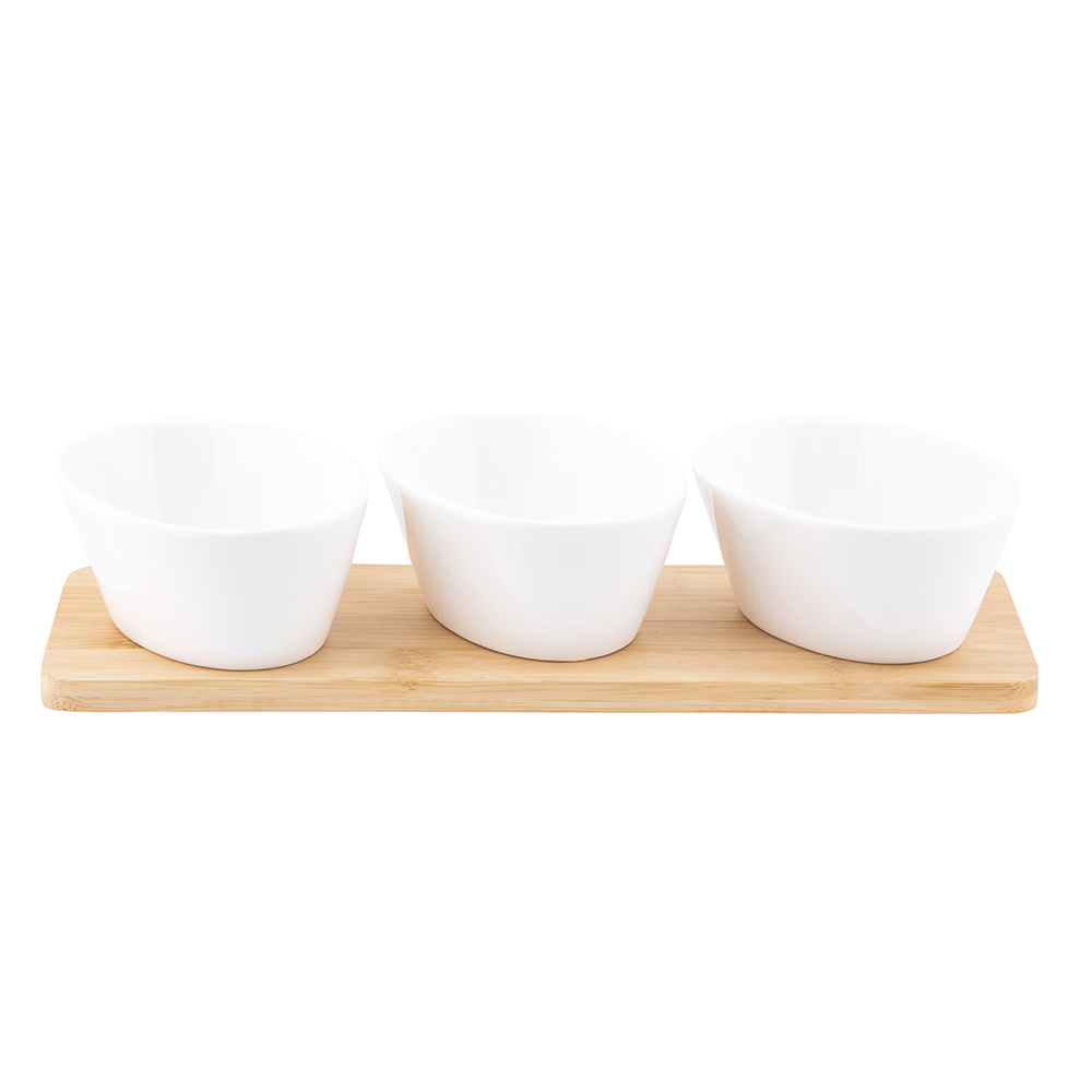 Regular set of 3 oval dips made of cream porcelain 150 ml on a bamboo base 28x8.5x1cm