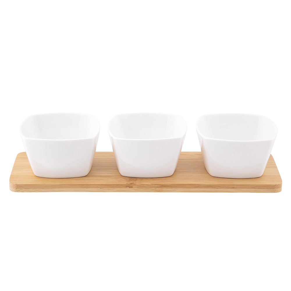 Regular set of 3 square dips made of cream porcelain 150 ml on a bamboo base 28x8.5x1cm