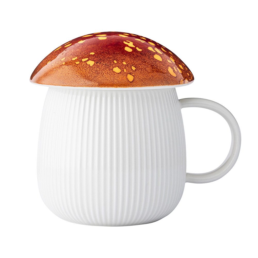 Pod Kapeluszem ceramic mug 450 ml in mushroom shape with orange lid and sleeve