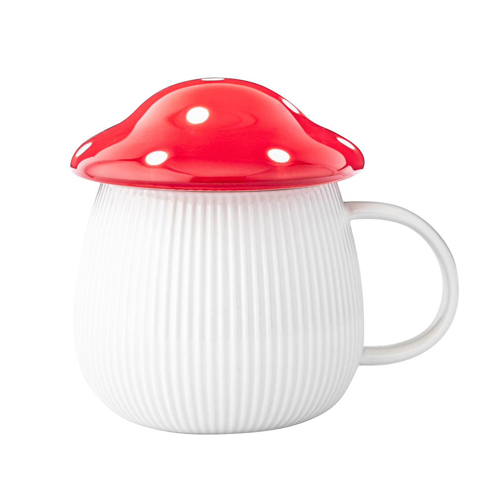 Pod Kapeluszem ceramic mug 370 ml in mushroom shape with red lid and sleeve