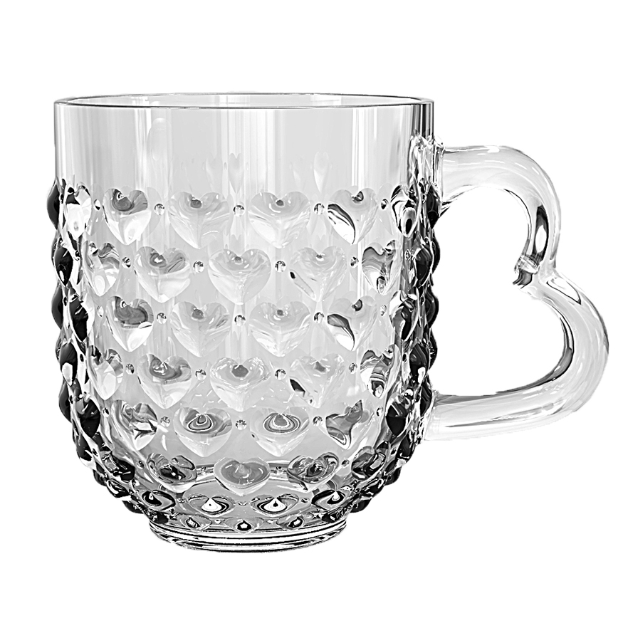 Glass mug with heart shape ear and heart decoration 310 ml