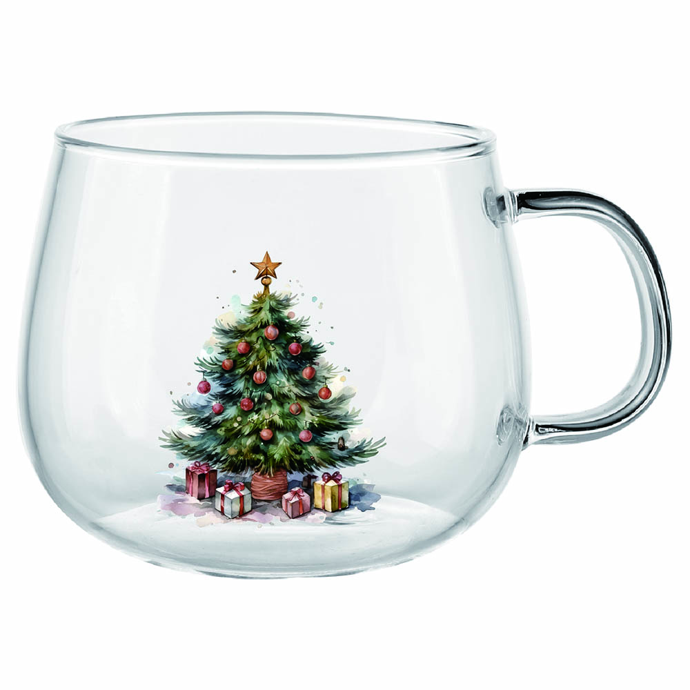 Borosilicate  glass mug with Christmas décor in one side