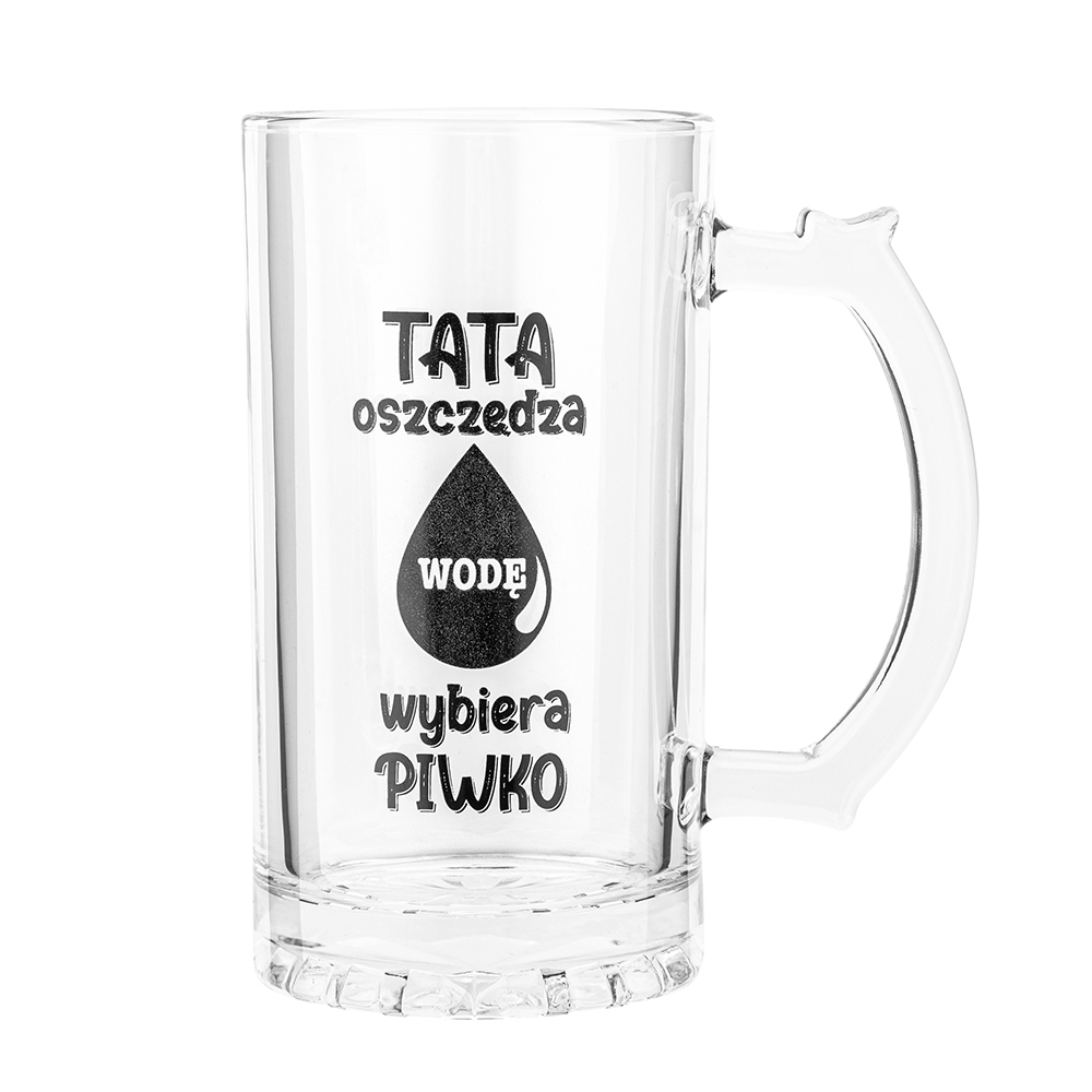 Glass mug with decor in one side
