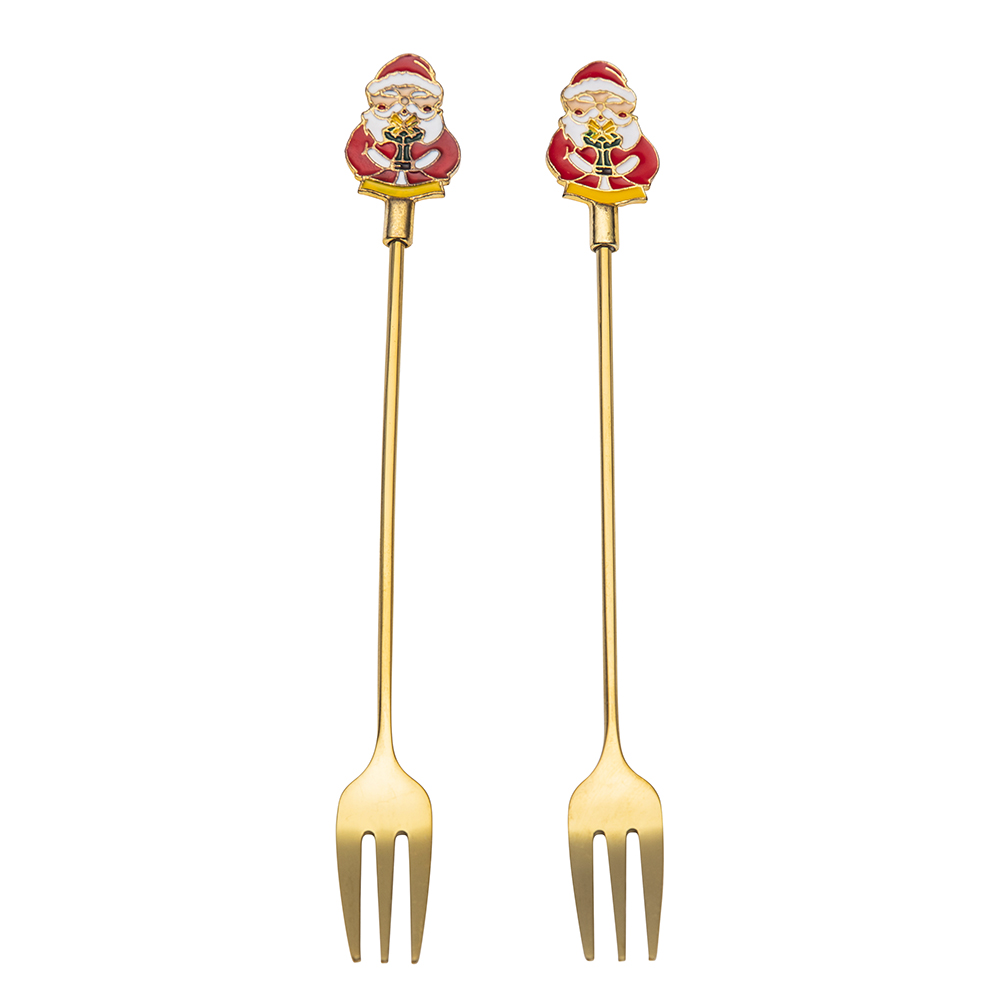Set of 2 forks with decorative end, dec. Santa Claus, in a shade of gold