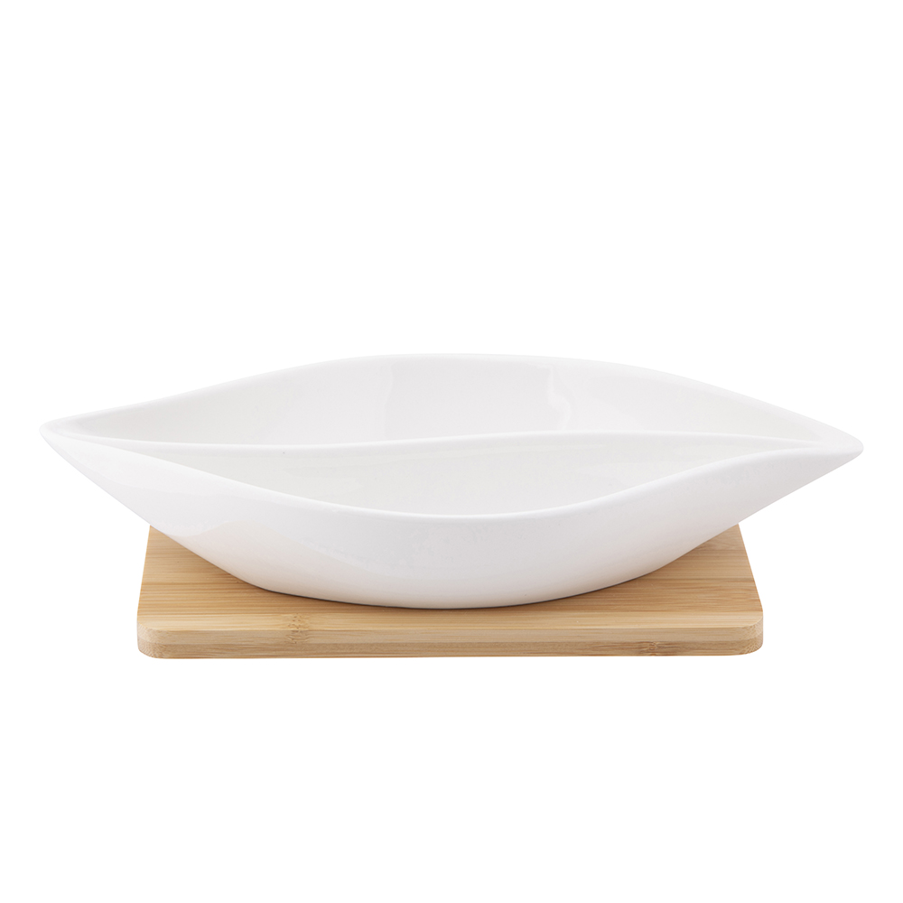 Regular divided dish made of cream porcelain 26x14x4 cm on a bamboo base 19.5x19.5x1 cm