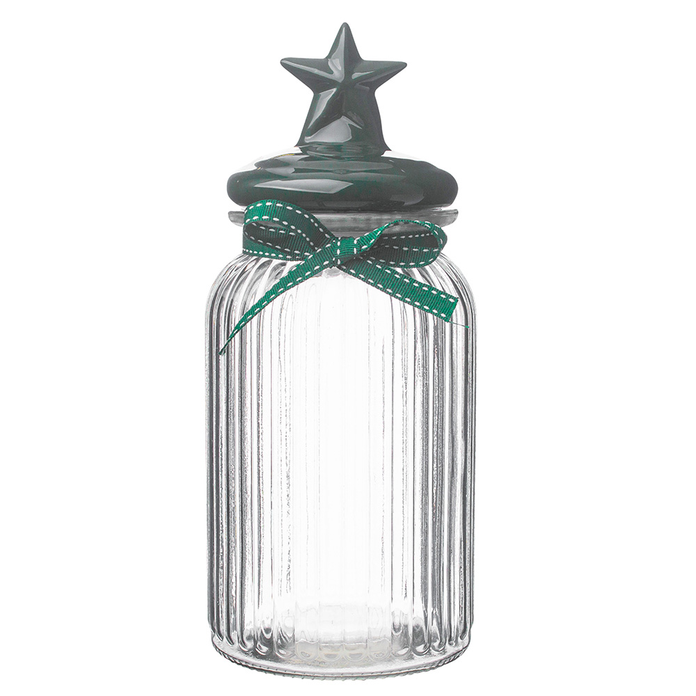 Glass jar w/green ceramic five-star lid,with ribbon decoration, 11cmd.x26cmh,1250ml