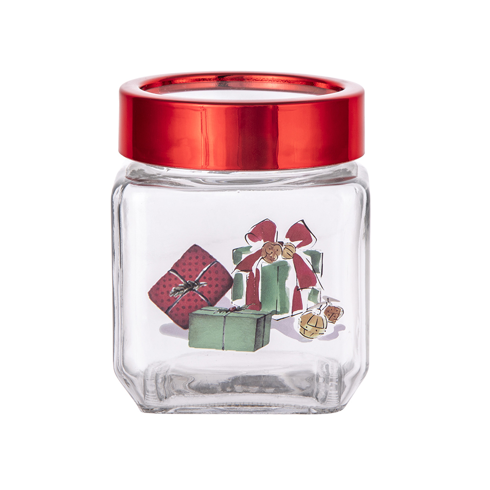 Classical Christmas jar with presents dec. and red lid, 500ml