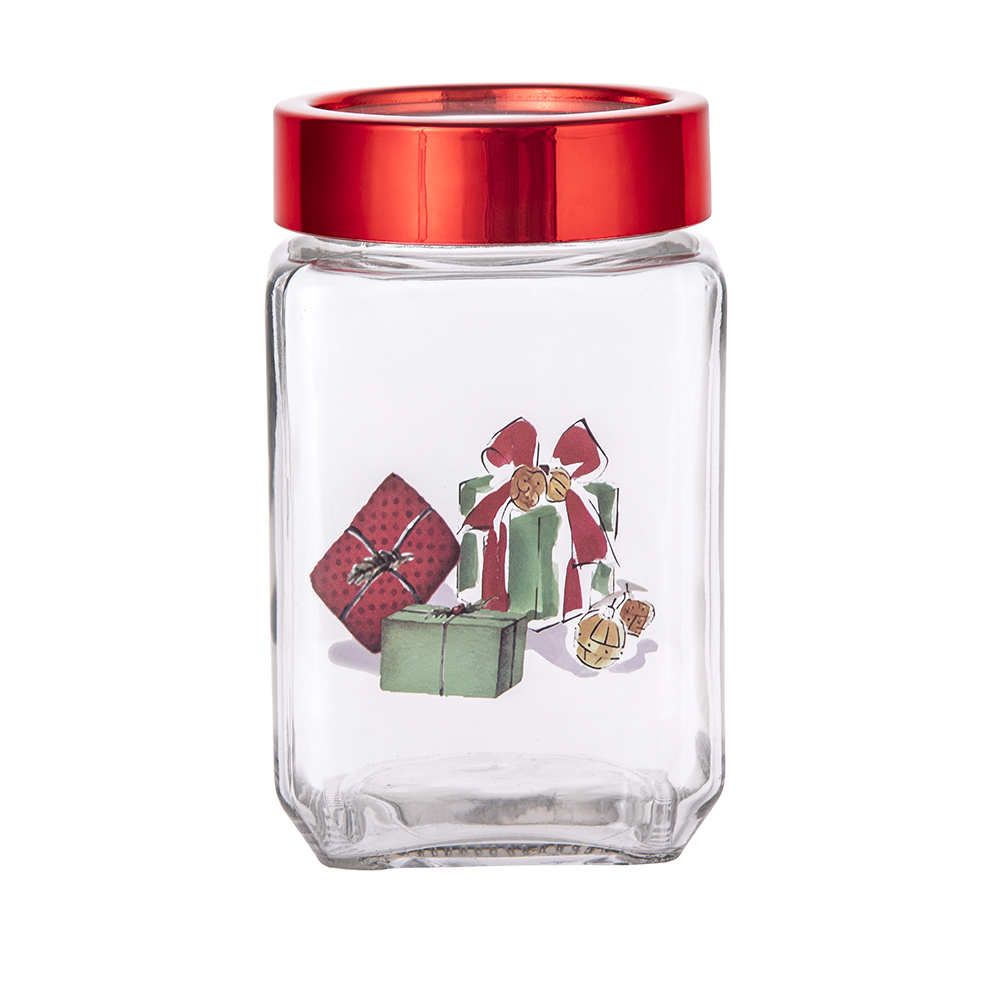 Classical Christmas jar with presents dec. and red lid, 700ml