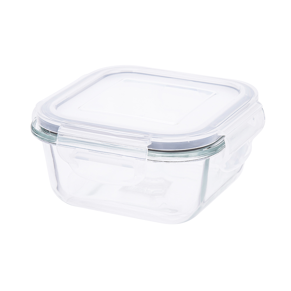 300ml square soda lime glass food container with pp lid