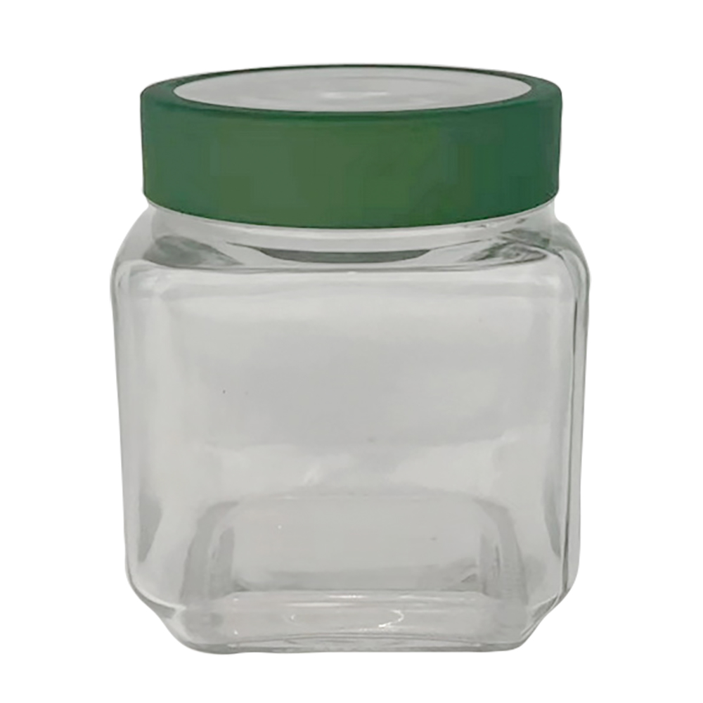 Glass jar w/matt green metal lid 9x9x11cm,500ml