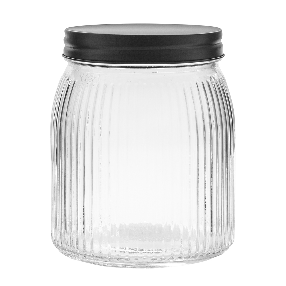 Ribbed glass jar with black metal lid 950 ml