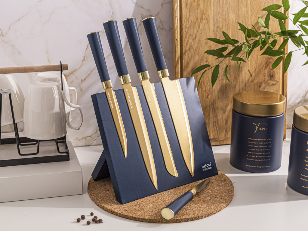 5pcs set knife with magnetic block dark blue with gold