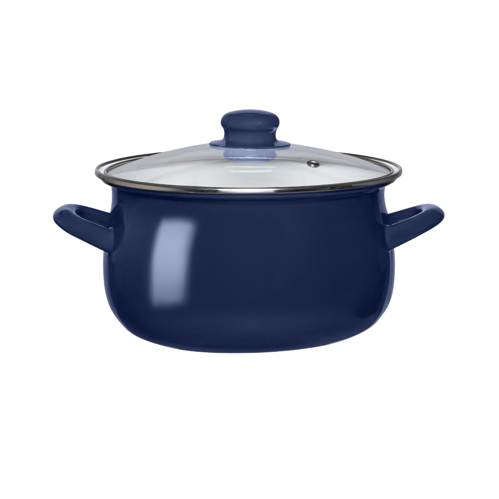GARNEK EMALIOWANY 18CM Z POKRYWĄ SZKLANĄ 1,9L GRANATOWY