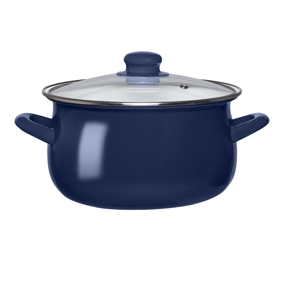 GARNEK EMALIOWANY 22CM Z POKRYWĄ SZKLANĄ 3,5L GRANATOWY