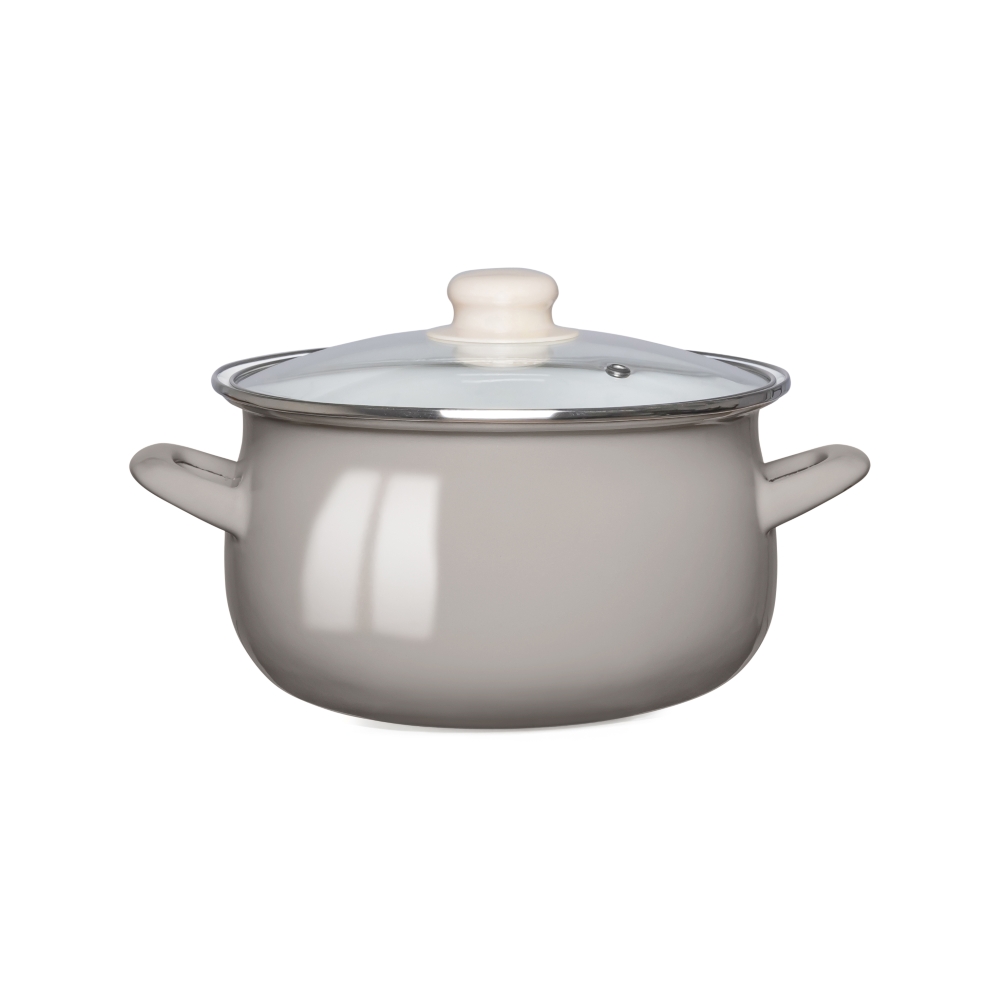 GARNEK EMALIOWANY 16 CM Z POKRYWĄ SZKLANĄ 1,3L TAUPE