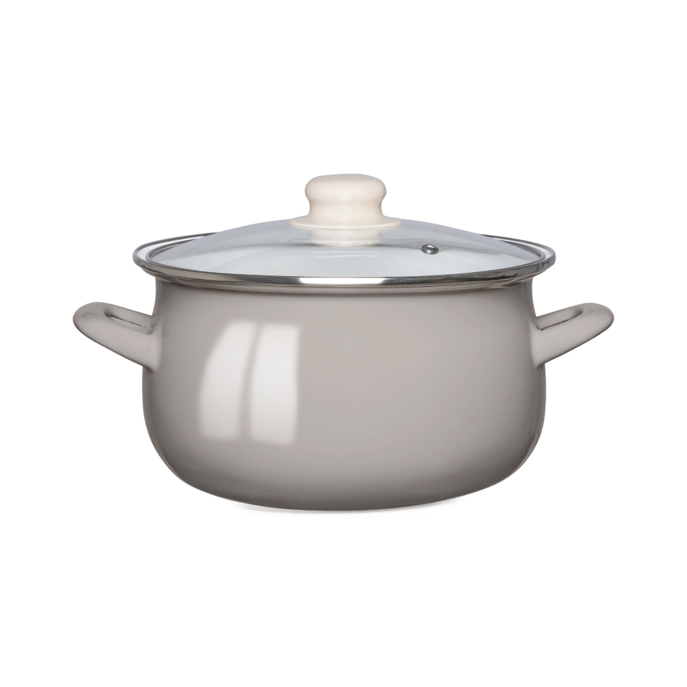 GARNEK EMALIOWANY 18CM Z POKRYWĄ SZKLANĄ 1,9L TAUPE