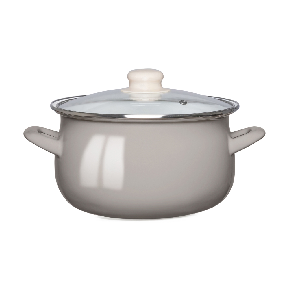 GARNEK EMALIOWANY 20CM Z POKRYWĄ SZKLANĄ 2,7L TAUPE