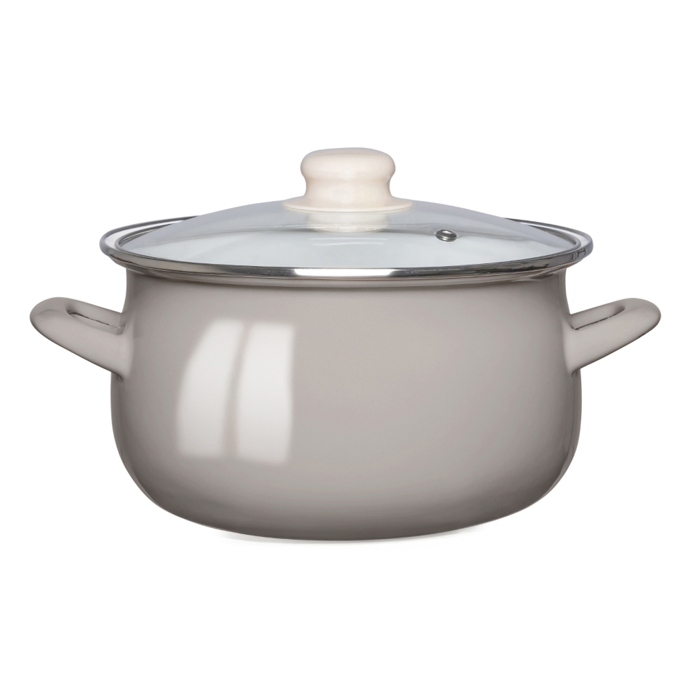 GARNEK EMALIOWANY 22CM Z POKRYWĄ SZKLANĄ 3,5L TAUPE