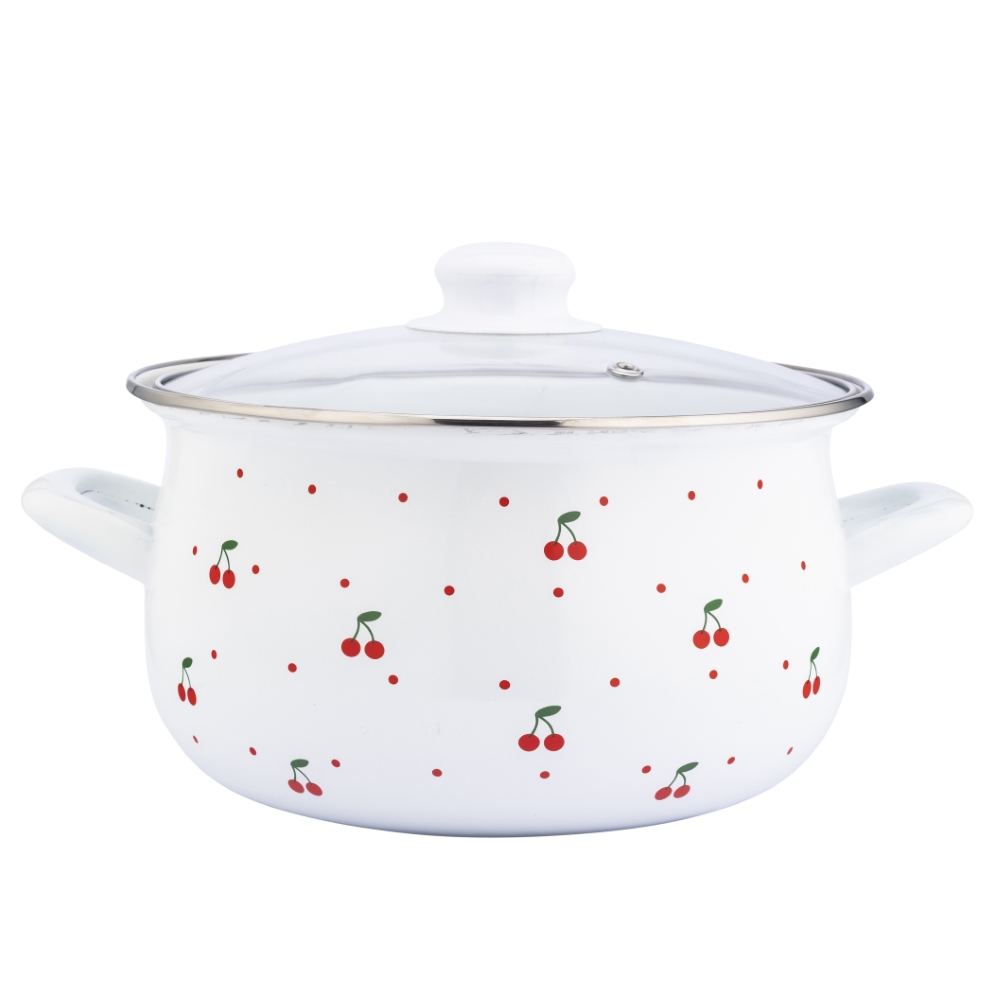 GARNEK EMALIOWANY 22CM Z POKRYWĄ SZKLANĄ 3,5L WISIENKI