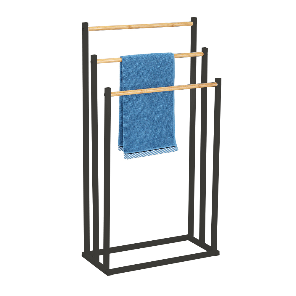 Towel rack / triple stand black with bamboo 45x22x85 cm color box