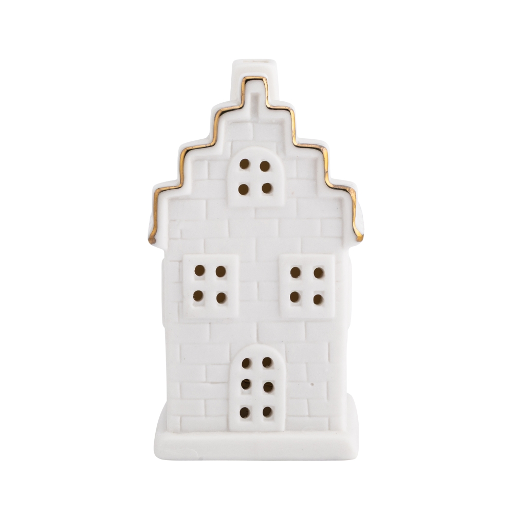 DOMEK CERAMICZNY LED 6X5X11 CM BIAŁY ZE ZŁOTĄ LINIĄ