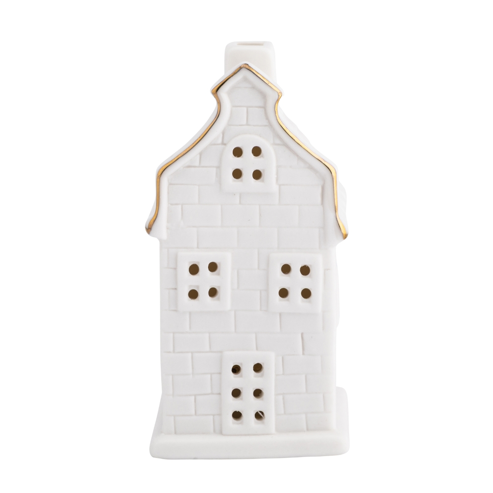 DOMEK CERAMICZNY LED 6X6X12 CM BIAŁY ZE ZŁOTĄ LINIĄ