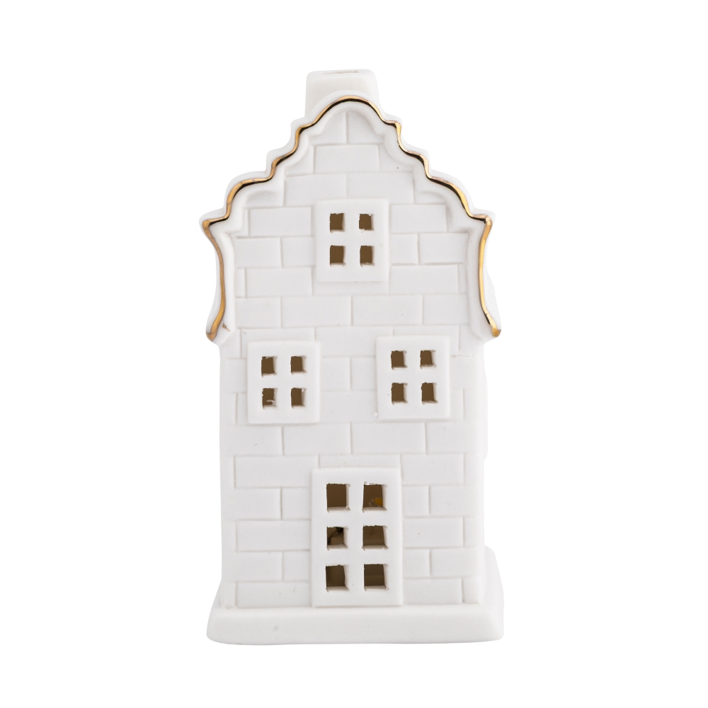 DOMEK CERAMICZNY LED 6,5X6X12,5 CM BIAŁY ZE ZŁOTĄ LINIĄ