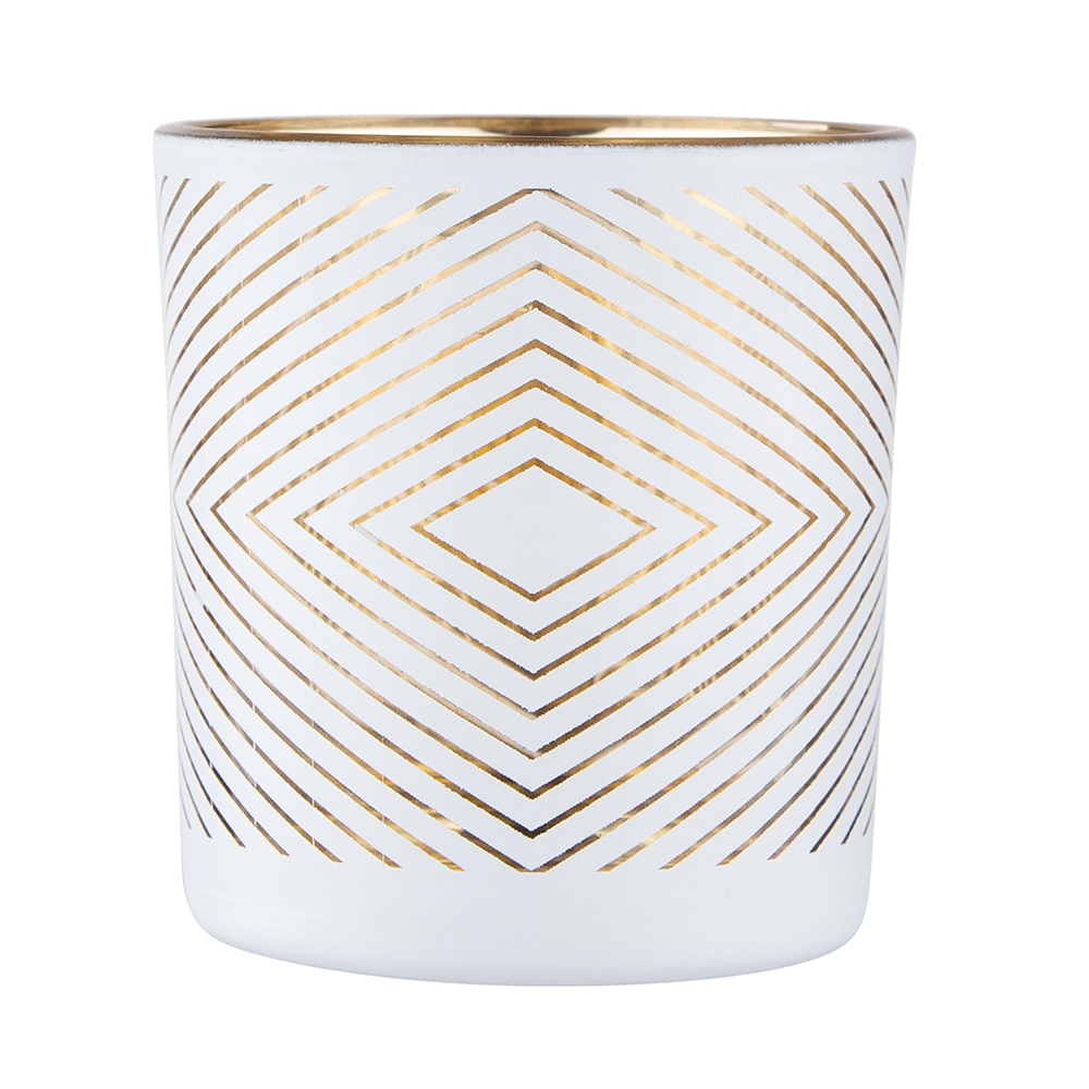 White glass candle holder with gold interior 7x8 cm, geometric decoration