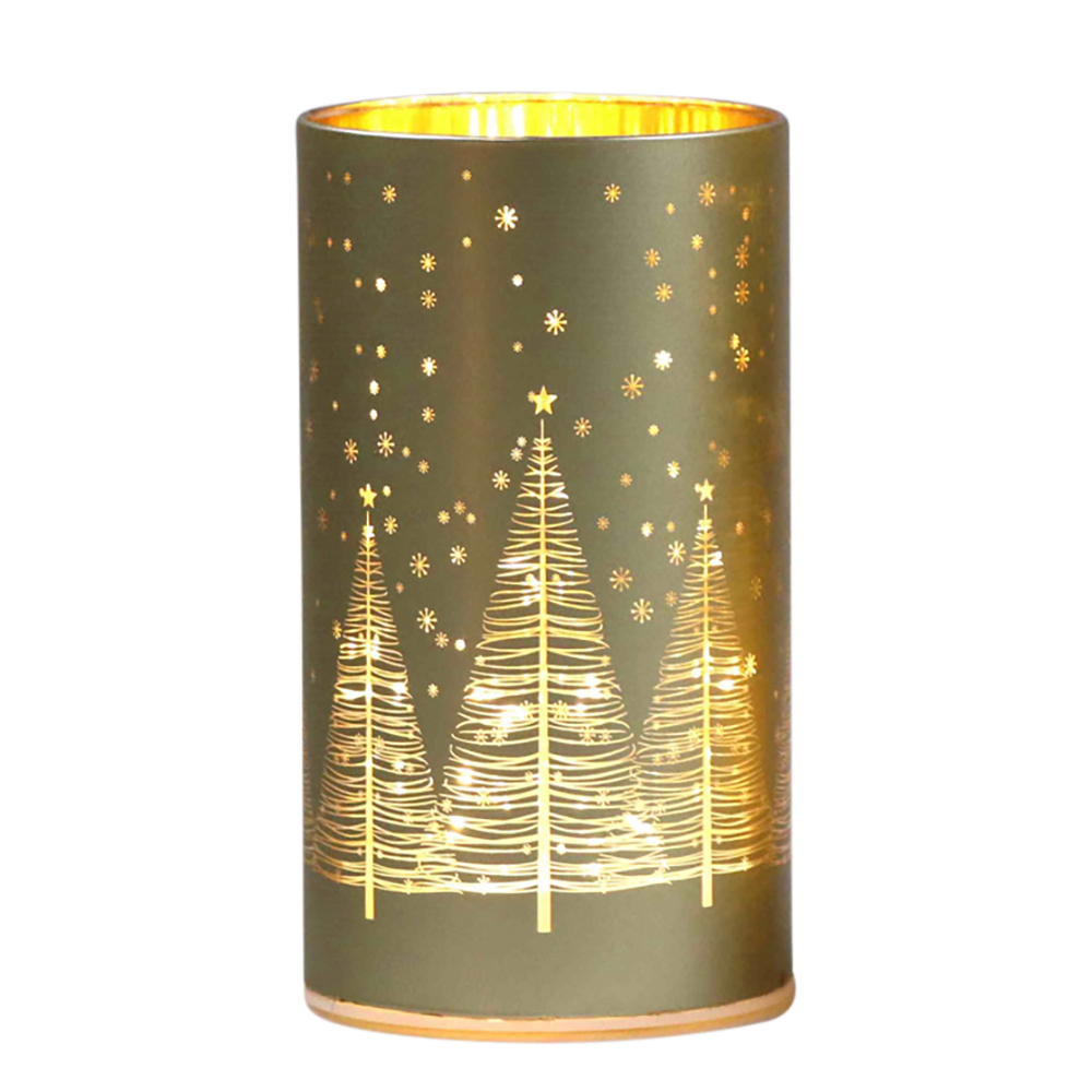 LED glass lantern with tree gold, D9x16cm